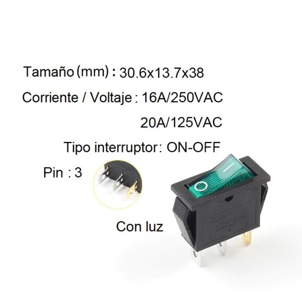 2x Pack Interruptor ON-OFF KCD3  16A (2 pos 3 pin verde) - Imagen 2
