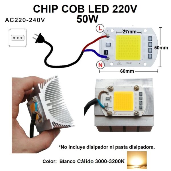 Foco Chip Led 50W COB Diodo SMD 220 VAC ( Cálido ) - Imagen 2