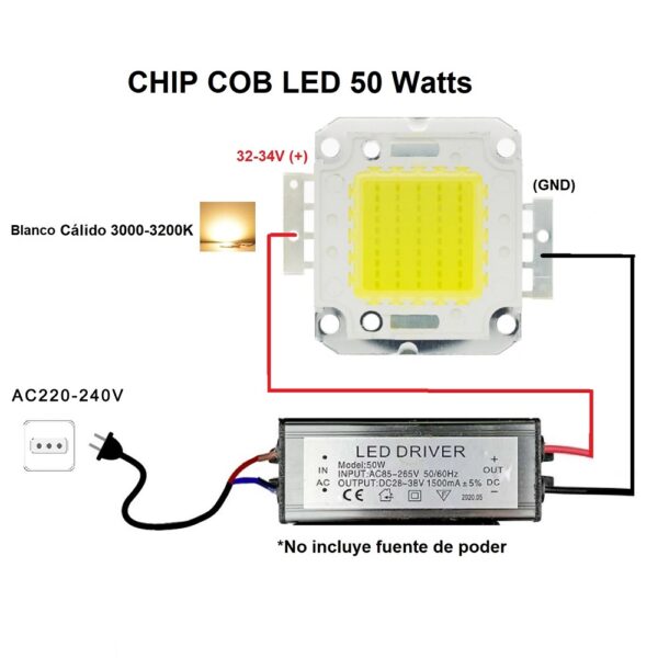 Foco Chip Led 50W COB Diodo SMD 32-34VDC ( Cálido ) - Imagen 2