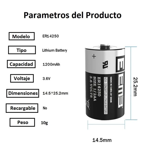 Pila ER14250 TS14250 Litio Cloruro de Tionilo 1/2 AA (3.6V)-2