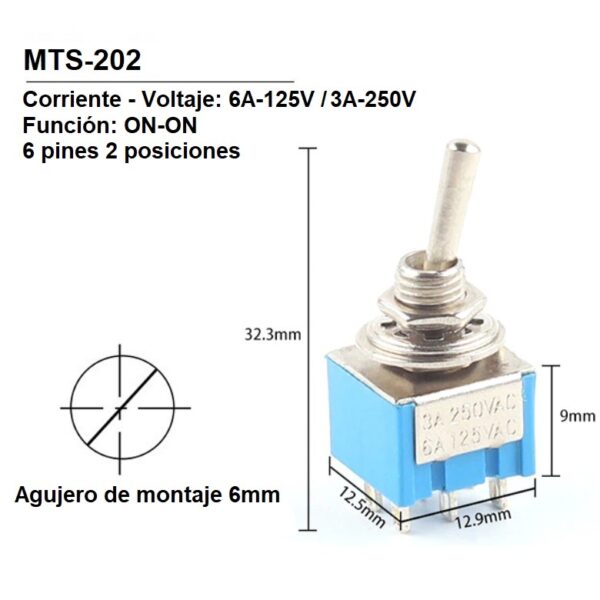 5x Interruptor MTS-202 6mm 6pin 2pos - Imagen 2